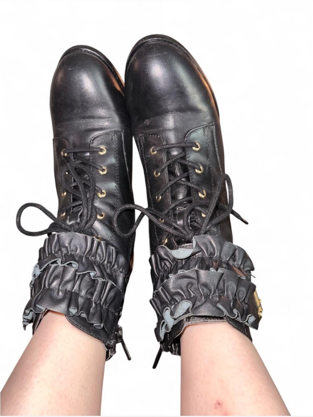 Betsy Johnson Black Lace-Up Block Heel Ankle Boots with Ruffle Cuff and Side Zip